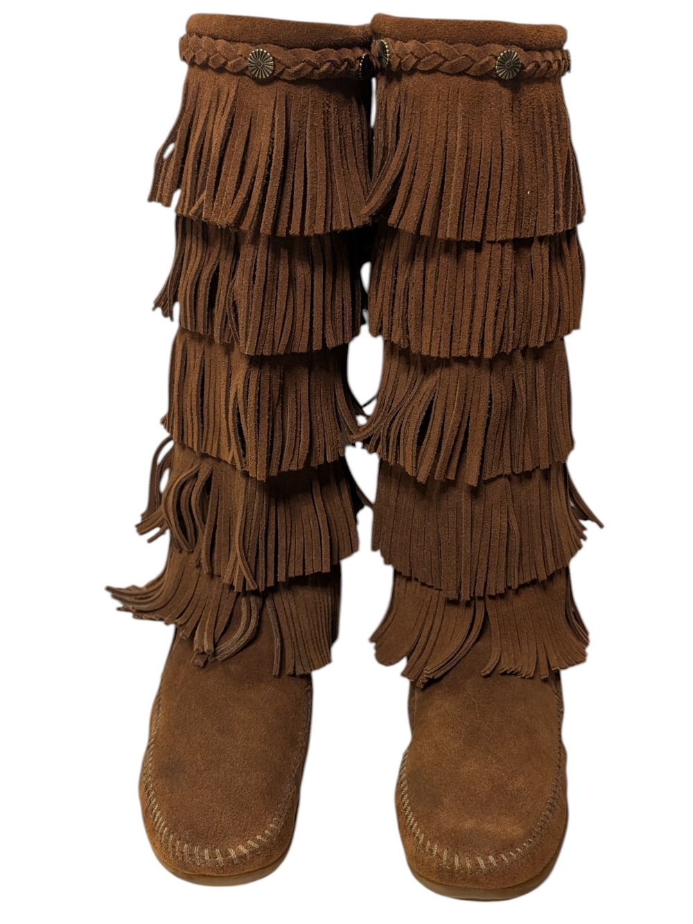 Minnetonka Brown Suede Knee-High 5 Layer Fringe Moccasin Boots